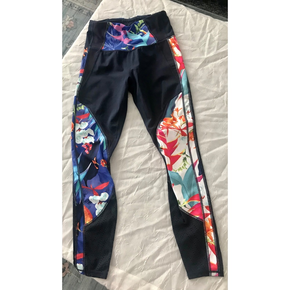 Athleta Womens XS Tropical Floral Mesh High Rise‎ 7/8 Leggings Navy Blue